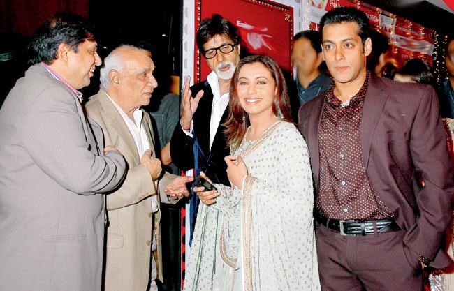 From left: Ravi Chopra, Yash Chopra, Amitabh Bachchan, Rani Mukerji and Salman Khan at a filmi event. Pic/Yogen Shah