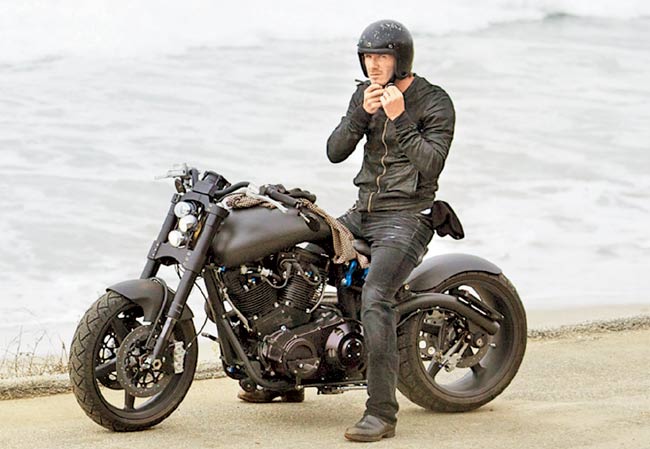 David Beckham on his F131 Hellcat Combat motorbike. Pic/Getty Images
