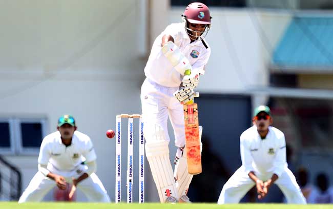 West Indies batsman Shivnarine Chanderpaul plays a shot off a delivery by Al-Amin Hossain of Bangladesh on day two of the second and final Test between West Indies and Bangladesh in Gros Islet, St Lucia. Pic/AFP