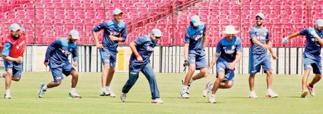 India players warm-up during a practice session at the Barabati Stadium in Cuttack yesterday. PICS/PTI