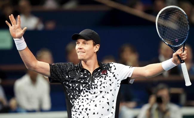 Tomas Berdych celebrates his win over Kevin Anderson in the Paris Masters quarters yesterday. Pic/AFP