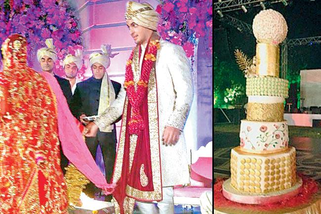 The couple take the pheras while the Khan brothers look on and (right) the 150-kg wedding cake made over three days by seven bakers