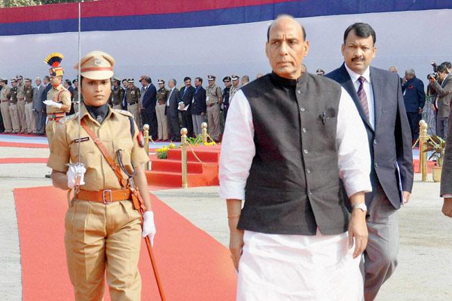 Union Home Minister Rajnath Singh arrives for the National Conference of Director Generals of Police at the Administrative Staff College in Guwahati on Saturday. PIC/PTI