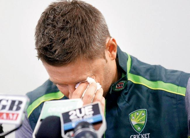 Michael Clarke gets emotional while reading a statement in Sydney on Saturday. Pic:AP/PTI