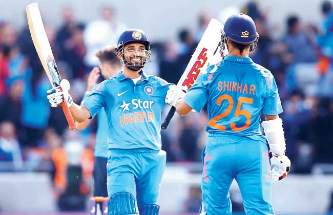 Ajinkya Rahane (left) celebrates after reaching his half-century in the fourth ODI in Birmingham on Tuesday. Pic/Getty Images
