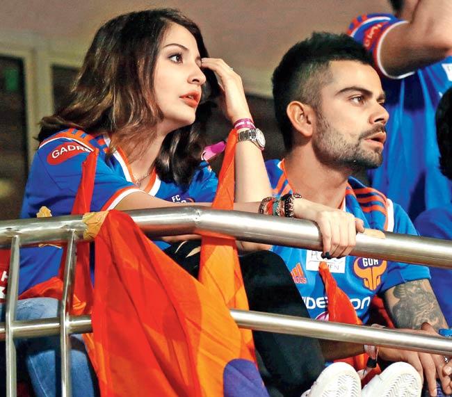 Anushka Sharma and Virat Kohli at an Indian Super League match. The cricketer co-owns the Goa franchise