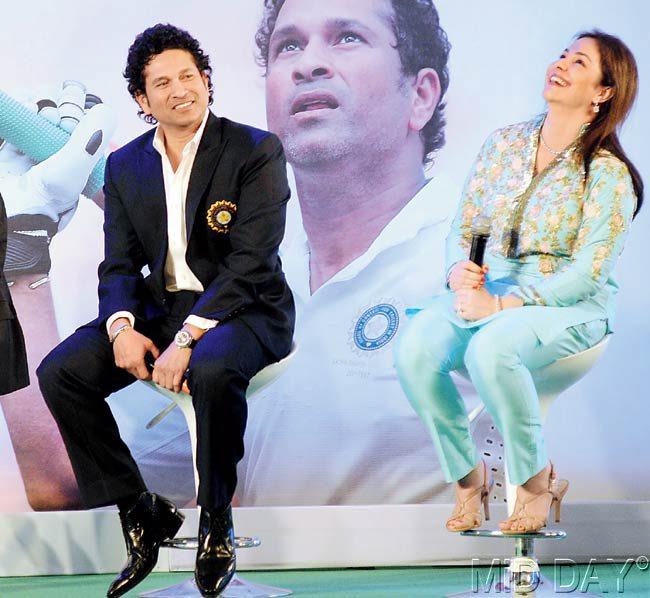 Sachin Tendulkar (left) with wife Anjali at the launch of his autobiography in the city yesterday. Pic/Nimesh Dave