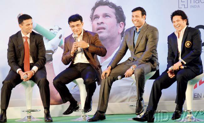The big four: Sourav Ganguly (second from left) shares an anecdote as Rahul Dravid (left), VVS Laxman and Sachin Tendulkar react. Pics/Nimesh Dave