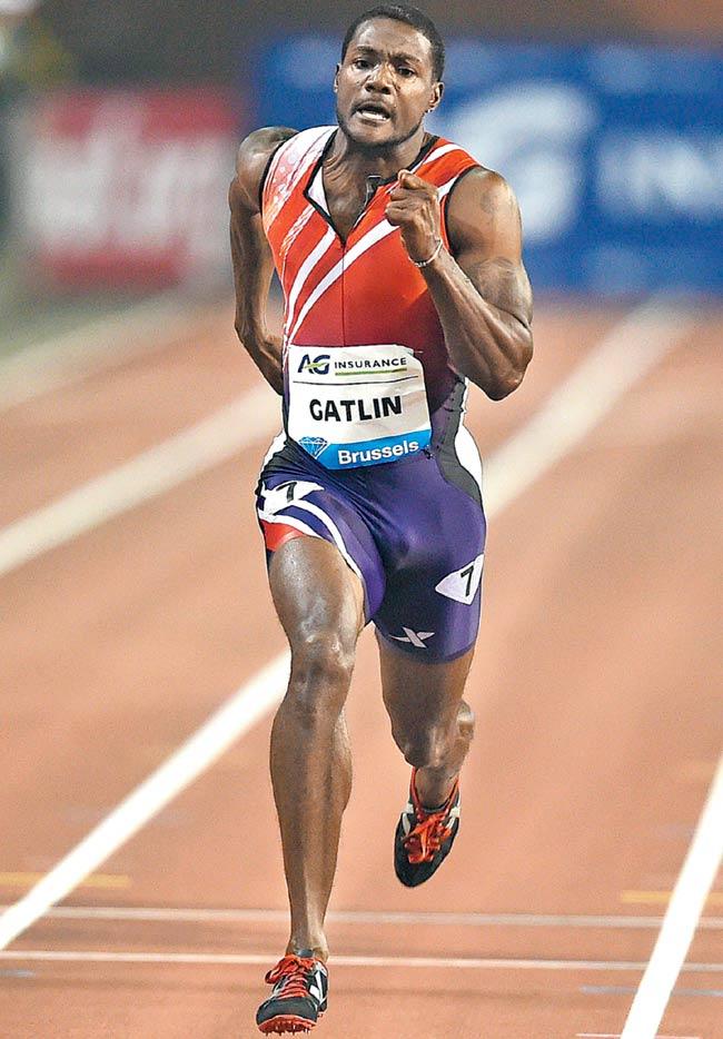 Justin Gatlin competes in Brussels on Friday. Pic/AFP