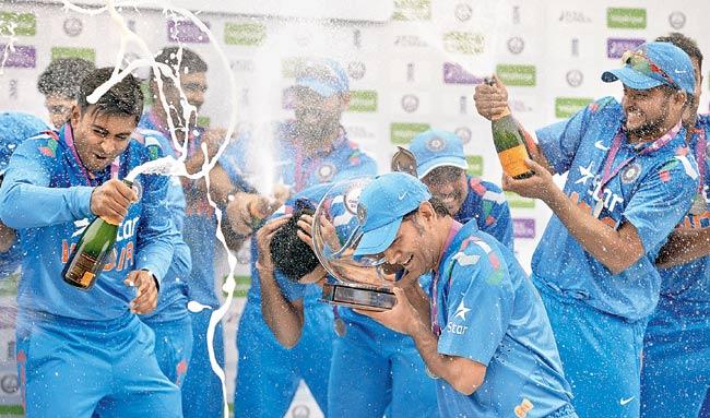Champagne stuff: MS Dhoni & Co celebrate their 3-1 ODI series win over England at Headingley on Friday. Pic/Getty Images