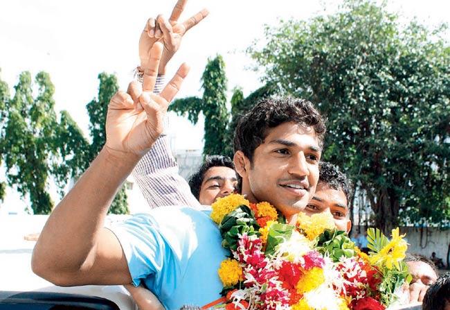 Sandeep Tulsi Yadav receives a warm welcome after winning bronze at the World C