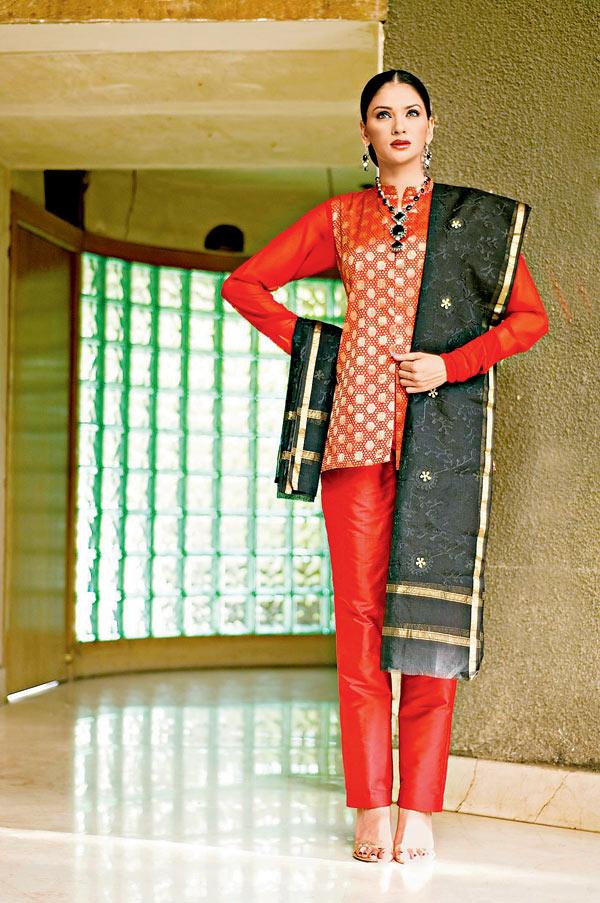 A model showcases Bela Parekh’s outfit. The designer uses eco-friendly fabrics with vegetable dyes and hand-block prints
