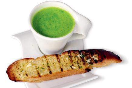 Cappuccino of Baby Spinach with Truffle Foam and Garlic Baguette — this frothy soup can be an appetising start to  your meal 