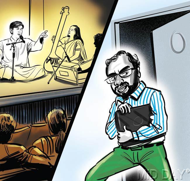 As soon as the artiste went up on stage, Hivale would scamper away with his belongings. Illustration/Amit Bandre