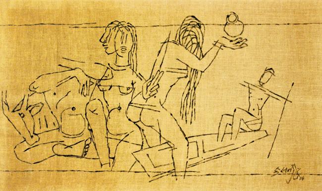 An untitled enamel on burlap artwork by MF Husain, 1974