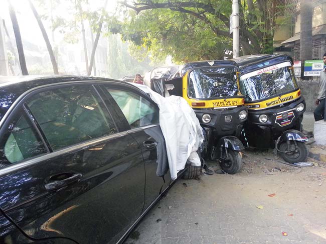 After colliding head-on with a Santro, the Mercedes, driven by Pratik Gada, rammed into three autos that were parked nearby