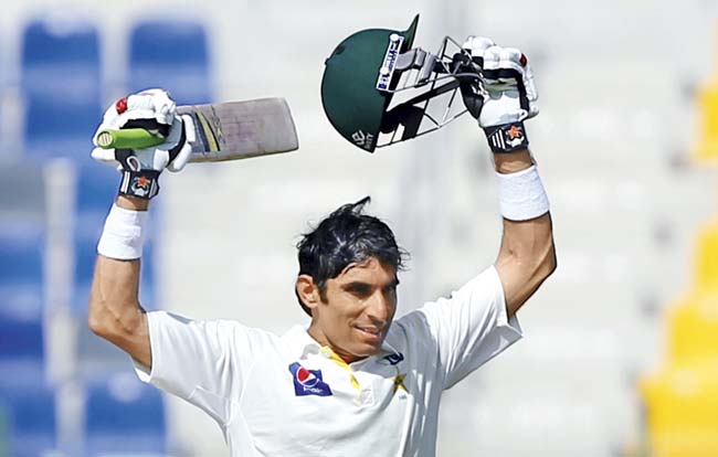 Pakistani batsman Misbah ul Haq equalled West Indian legend Sir Viv Richards’ record of fastest Test century (56 balls), during the fourth day of the second test match between Pakistan and Australia at the Zayed International Cricket Stadium in Abu Dhabi on November 2 Pic/Getty Images