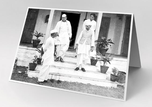 An undated archival image of Netaji Bose (top left) and Pandit Nehru (standing on the steps in a jacket)