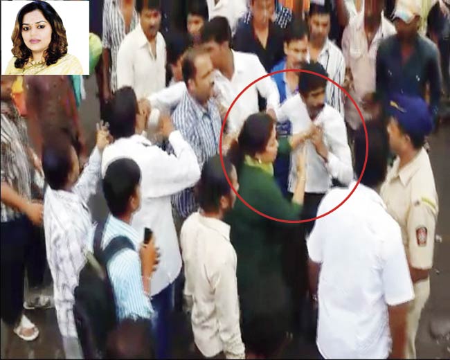 In the video, Mhatre is seen slapping one of the men and grabbing another by the collar