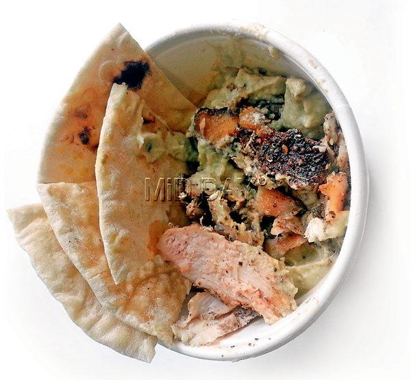 The Babaganoush with shavings of chicken was tossed in cinnamon.
