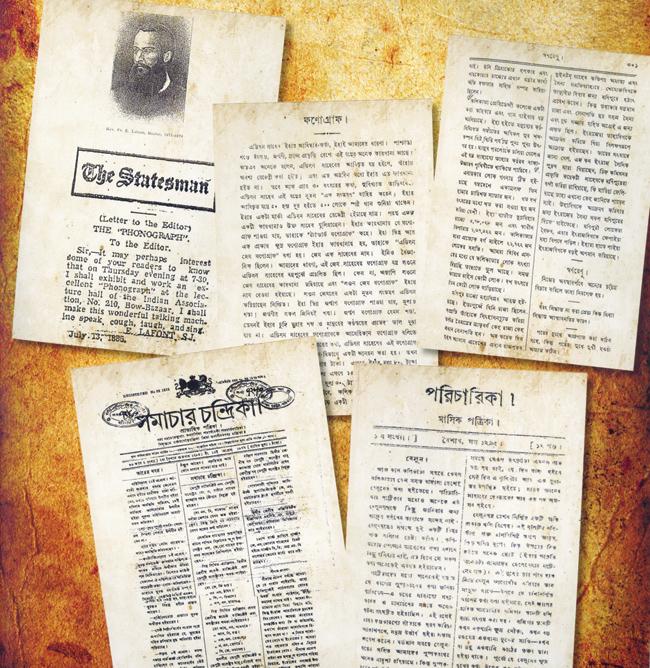 Early advertisements of demonstrations of the phonograph in The Statesman (1886); Paricharika (1890); and fascimiles of other Bengali magazines such as Samachar Chandrika, which published early news on the advent of phonographs in India 