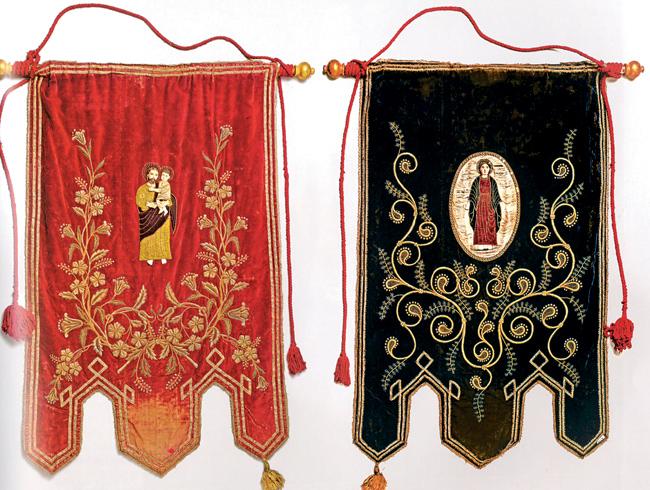 18th-century church banners. The use of ivory on cloth is unique worldwide. Courtesy Museum of Christian Art, Old Goa. Photograph by Denzil Sequeira.