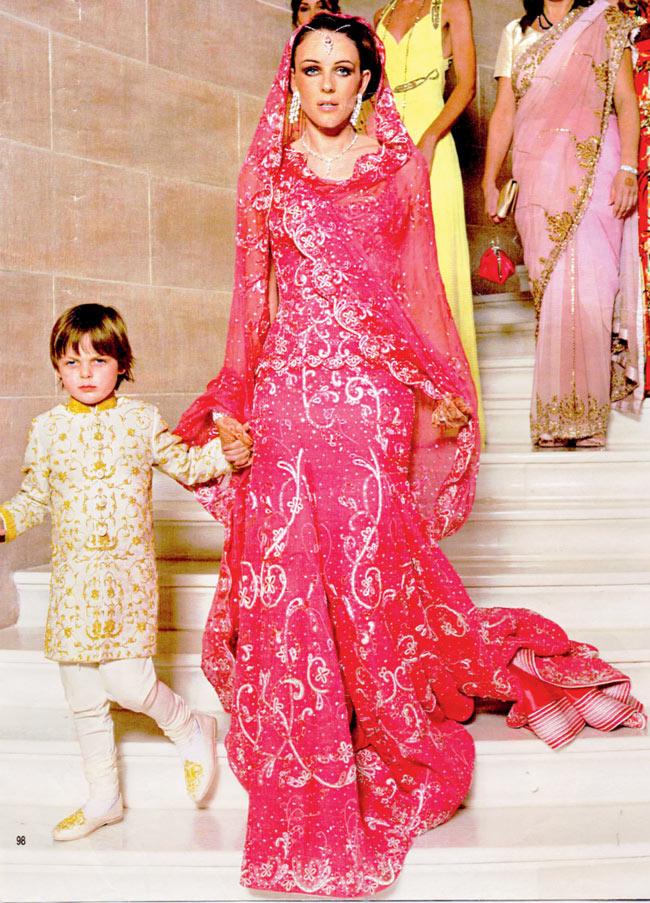 Elizabeth Hurley sported a fuchsia pink Versace lehenga for her wedding in 2007. The embroidery on the dress was done by Adity Designs. 