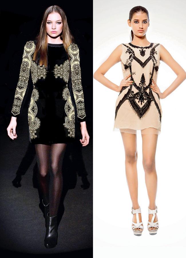 Gupta has done the embroidery for London-based Norwegian fashion designer Kristian Aadvenik’s black and lime yellow mini (left) and British designer Stella McCartney’s beige shift dress with net details