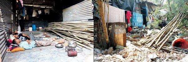 (Left) Workers sleep inside an illegal shanty where they have stored bamboos, (right) other shanties in the area. Pics/Nikesh Gurav