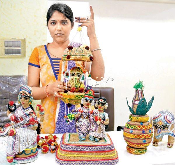 Rajni Upadhyay with her handicrafts. Pics/Nimesh Dave