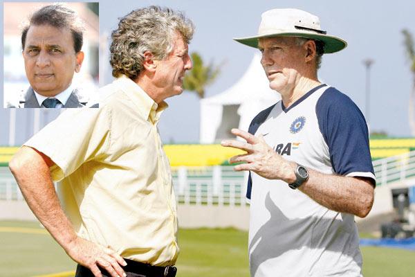 John Wright and Greg Chappell catch up during the 2007 World Cup in the Caribbean. (Inset) Sunil Gavaskar. Pic/AFP