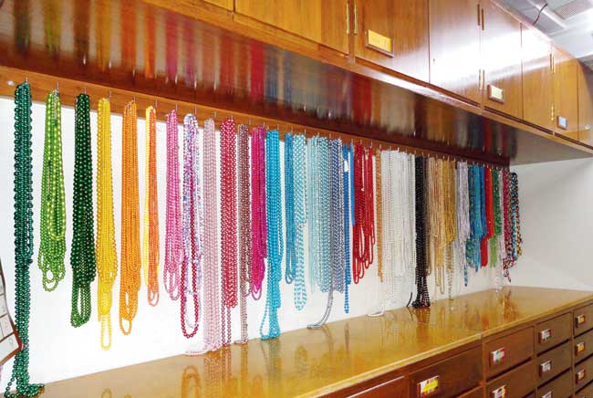 The jewellery department has beads in various hues and sizes 