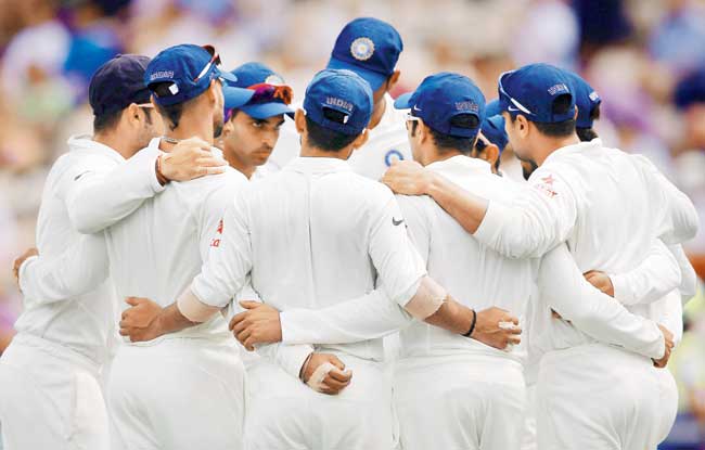 India players form a huddle on Day One of the third Test against England in Southampton recently. Pic/Getty Images