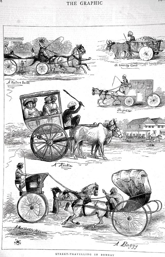 An 1878 lithograph depicting street travel in Bombay. The technique involves the use of limestone, an oil-based pencil, crayons or ink. 