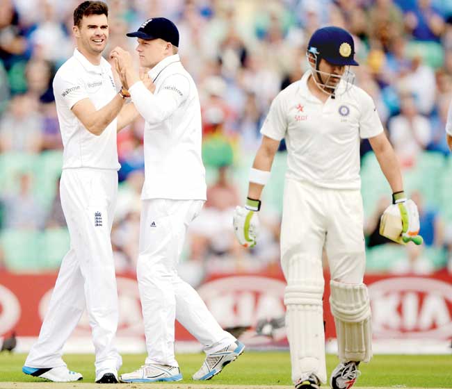 James Anderson (left) celebrates after dismissing Gautam Gambhir for a duck last week. Pic/Getty Images