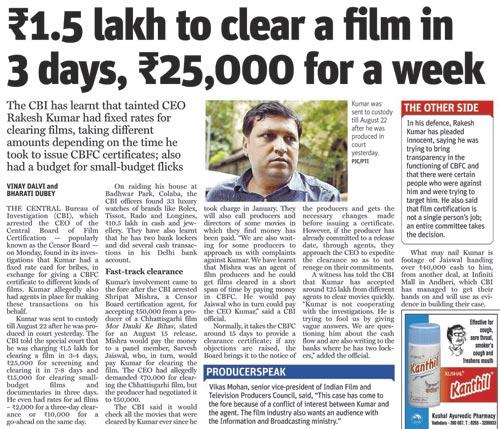 mid-day’s August 20 report on former CEO Rakesh Kumar’s ‘rate card’ for clearing films