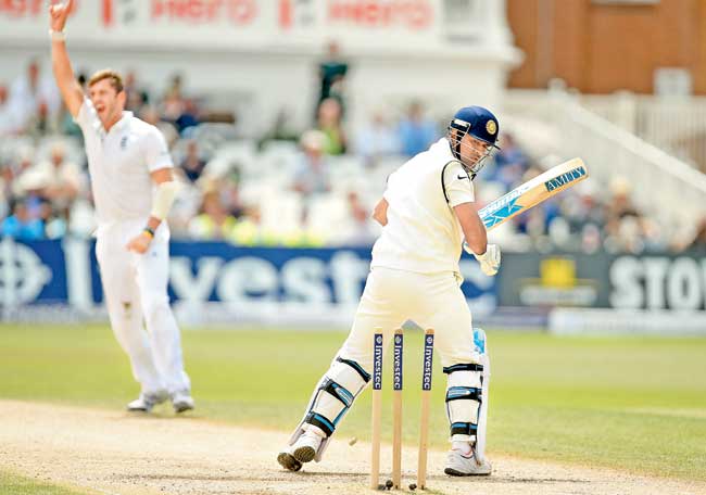 India skipper Mahendra Singh Dhoni is bowled by Liam Plunkett during the first Test against England in Nottingham. Pic/Getty Images