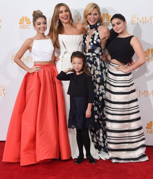 Actresses Sarah Hyland, Sofía Vergara, Aubrey Anderson-Emmons, Julie Bowen and Ariel Winter, winners of the Outstanding Comedy Series Award for -Modern Family- pose in the press room during the 66th Annual Primetime Emmy Awards. Pic/AFP