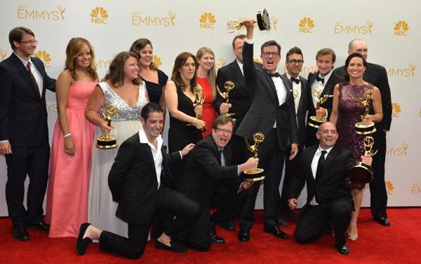 Stephen Colbert and crew celebrate winning the Outstanding Variety Series Award for 