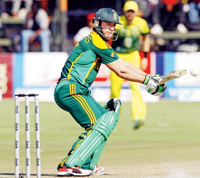 AB de Villiers en route his 136 not out yesterday. Pic/AFP