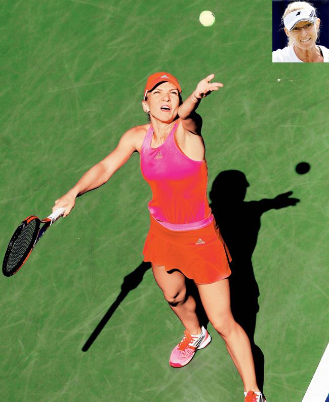 Simona Halep serves against Mirjana Lucic-Baroni (inset) on Friday. Pic/Getty Images