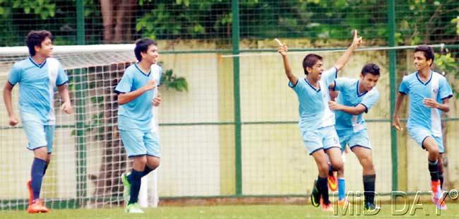 Bombay Scottish players celebrate after scoring against Don Bosco   during a MSSA U-16 Division I semi-final clash at Cooperage yesterday. Pic/Sameer Markande