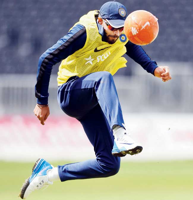 Ravindra Jadeja juggles around with a football in Manchester yesterday. Pic/Getty Images