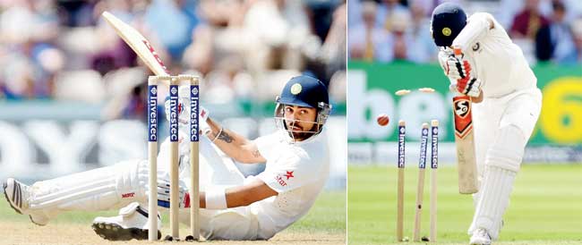 Virat Kohli (left) is felled by a delivery from England bowler Chris Woakes during the third Test, while Cheteshwar Pujara (right) is bowled by Ben Stokes at Lord