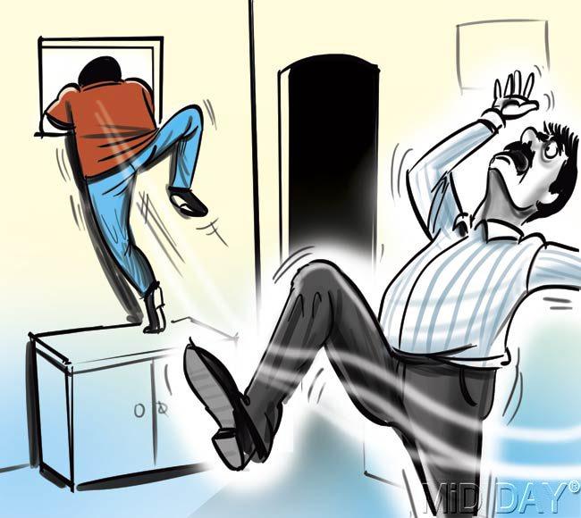 Rushing past the complainant, Samant jumped out of the window of his first-floor flat and escaped. illustrations/Amit Bandre