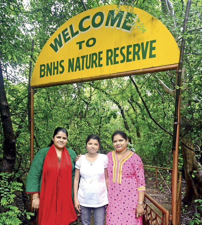 Priti Choghale (c) with Amandeepkaur Giran (l) Deepa Fernandes (r) at the Bombay Natural History Society (BNHS) Nature Reserve in Goregaon. Pics/Kaushik Thanekar