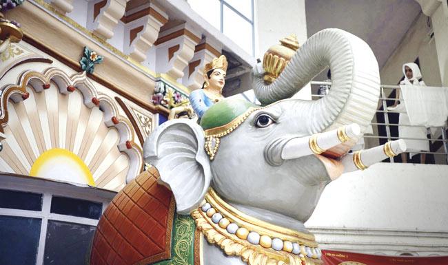 This idol at Babu Pannalal Jain Temple in Walkeshwar is one of the oldest elephant statues in the city. Pic/Bipin Kokate