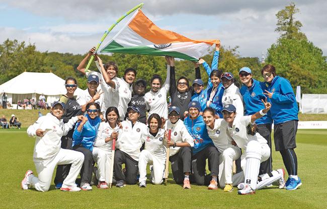 The Indian women’s team celebrate their Test win over England on Saturday