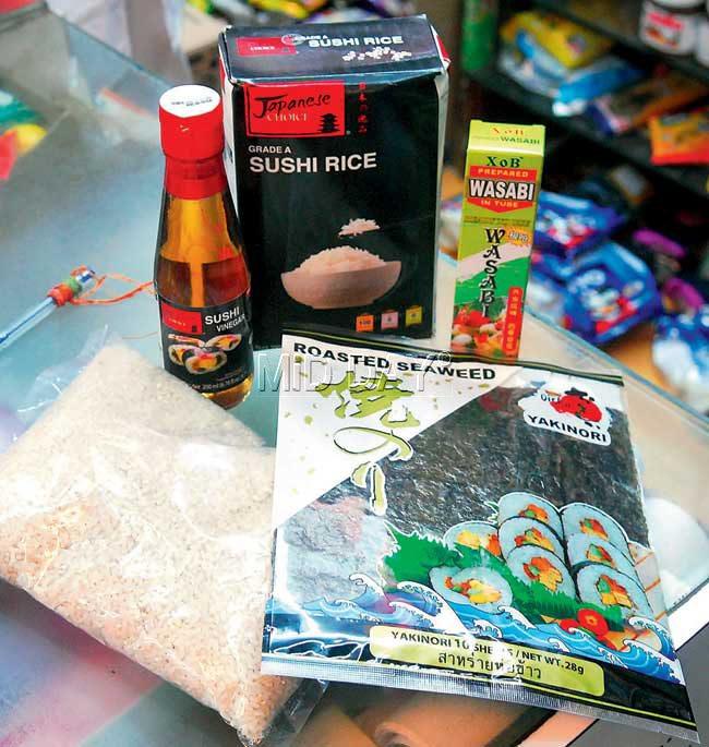 Ready-to-use wasabi (Rs180), roasted seaweed sheets (Rs 220 for 10), Sushi vinegar (Rs 160) and rice (Rs 450 for half kg) is available at VK Store at Crawford Market