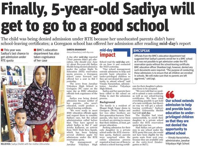 After mid-day reported on Sadiya’s plight, a Goregaon school offered her free admission